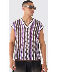 BoohooMAN - Boxy Oversized Open Stitch V Neck Strip Sweater Vest - Lyst
