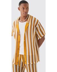 BoohooMAN - Oversized Open Stitch Stripe Knit Shirt In Mustard - Lyst