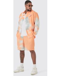 BoohooMAN - Plus Linen Look Pocket Detail Abstract Shirt & Short Set - Lyst