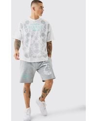 BoohooMAN - Oversized Extended Neck Moon Large Graphic Shorts Set - Lyst