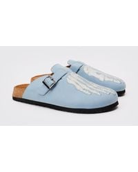 BoohooMAN - Faux Suede Skeleton Embroidery Mule In Light Blue - Lyst