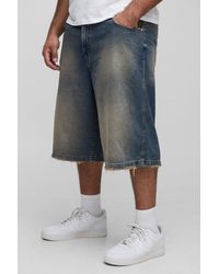 BoohooMAN - Plus Relaxed Longline Tinted Nibbled Pocket Denim Jorts - Lyst