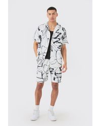 BoohooMAN - Oversized Doodle Printed Pleated Shirt & Short - Lyst