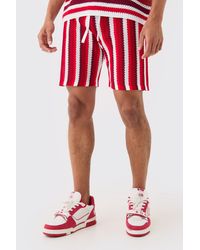 BoohooMAN - Relaxed Open Stitch Stripe Knit Short In Red - Lyst