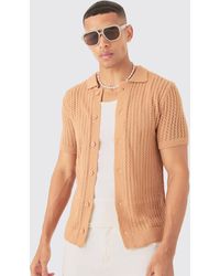 BoohooMAN - Open Stitch Short Sleeve Knitted Shirt In Taupe - Lyst