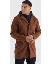 BoohooMAN - Single Breasted Wool Mix Overcoat With Hood - Lyst