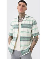 BoohooMAN - Tall Short Sleeve Drop Revere Textured Check Shirt In Stone - Lyst