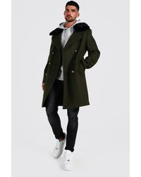 BoohooMAN Recycled Faux Fur Collar Military Overcoat - Black