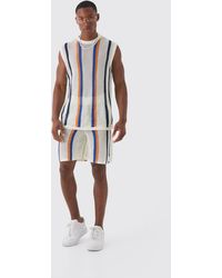 BoohooMAN - Oversized Open Stitch Stripe Knitted Tank Set - Lyst