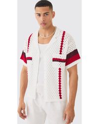 BoohooMAN - Oversized Boxy Open Stitch Revere Stripe Shirt In White - Lyst
