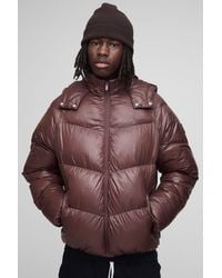 Boohoo - Regular Fit Sheen Panelled Hooded Funnel Puffer Jacket - Lyst
