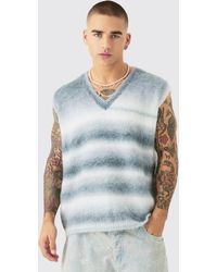 BoohooMAN - Regular Knitted Brushed Stripe V Neck Tank In Teal - Lyst
