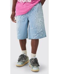 BoohooMAN - Official Self Fabric Applique Denim Jorts In Ice Blue - Lyst