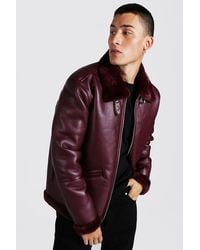BoohooMAN Leather Look Aviator With Faux Fur Collar - Multicolour