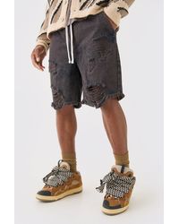 BoohooMAN - Relaxed Rigid Elasticated Waist Ripped Denim Short In Brown - Lyst
