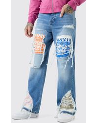 Boohoo - Tall Relaxed Rigid Flare Rip & Repair Applique Jeans - Lyst