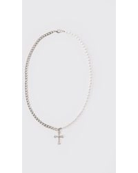 BoohooMAN - Pearl And Cuban Chain Necklace With Cross Pendant In Silver - Lyst