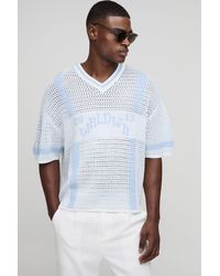Boohoo - Boxy Fit V Neck Stripe Open Stitch Knitted T-Shirt - Lyst