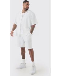 BoohooMAN - Plus Short Sleeve Drop Revere Linen Shirt & Short Set In White - Lyst