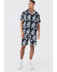 BoohooMAN - Oversized Floral Printed Pleated Shirt & Short Set - Lyst