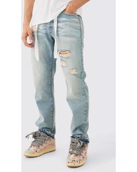 Boohoo - Relaxed Rigid Ripped Let Down Hem Jeans With Extended Drawcords In Antique Blue - Lyst