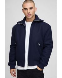 BoohooMAN - Regular Fit Knitted Collar Zip Up Wool Look Bomber Jacket - Lyst