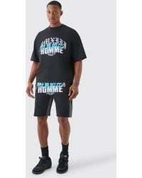 BoohooMAN - Homme Print Denim Gusset T-shirt And Short Set - Lyst
