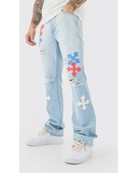 BoohooMAN - Vaqueros De Campana Ajustados Sin Tratar Con Apliques En Azul Hielo - Lyst
