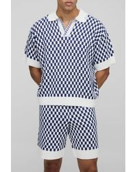 BoohooMAN - Oversized Boxy Jacquard Plaid Knitted Polo & Relaxed Short Set - Lyst