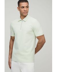 BoohooMAN - Slim Fit Zip Collar Textured Stripe Short Sleeve Polo - Lyst