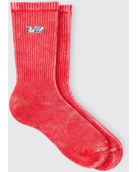 BoohooMAN - Acid Wash Bm Embroidered Socks In Red - Lyst