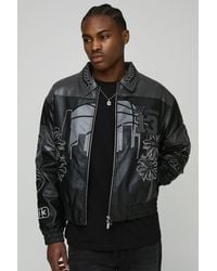 BoohooMAN - Boxy Worldwide Embroidered Pu Badge Varsity Jacket - Lyst
