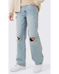 Boohoo - Baggy Rigid Ripped Knee Jeans In Washed Light Blue - Lyst