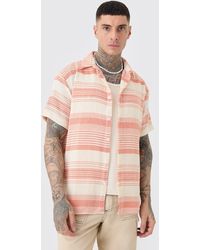 BoohooMAN - Tall Short Sleeve Oversized Textured Stripe Shirt In Stone - Lyst