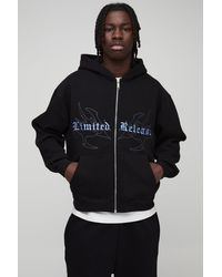 Boohoo - Oversized Boxy Gothic Print Curve Seam Zip Through Hoodie - Lyst