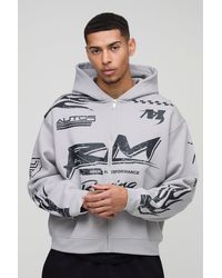 BoohooMAN - Kastiger Oversize Hoodie mit Moto Racing Flammen Print und Reißverschluss - Lyst