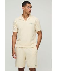 BoohooMAN - Boxy Embroidered Revere Textured Polo & Relaxed Shorts Set - Lyst