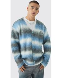 BoohooMAN - Oversized Boxy Ofcl Brushed Ombre Stripe Knitted Embroidered Cardigan - Lyst