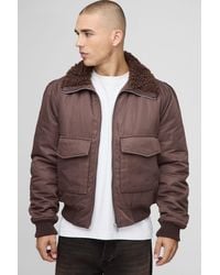 BoohooMAN - Regular Fit Boucle Borg Collar Nylon Bomber Jacket - Lyst