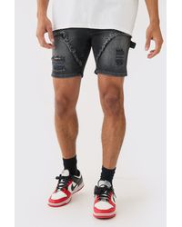 Boohoo - Skinny Stretch Ripped Carpenter Denim Shorts In Washed Black - Lyst