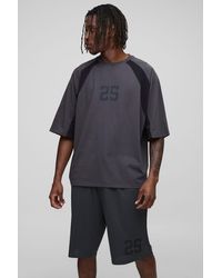 BoohooMAN - Tall Oversized Boxy Worldwide Varsity Panel Print T-Shirt & Basketball Short Set - Lyst
