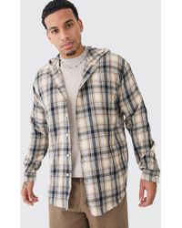 BoohooMAN - Long Sleeve Oversized Hooded Button Through Check Shirt - Lyst