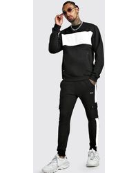 BoohooMAN Skinny Fit Contrast Chest Panel Pocket Tracksuit - Black