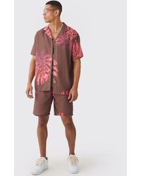 BoohooMAN - Oversized Linen Look Palm Shirt & Short Set - Lyst