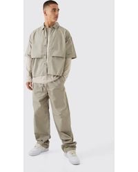 BoohooMAN - Oversized Boxy Pleat Front Peached Nylon Shirt & Pants Set - Lyst