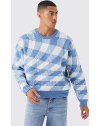 BoohooMAN - Oversized Boxy Brushed Checked Knit Jumper - Lyst