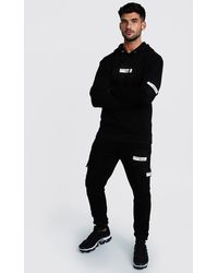 BoohooMAN Official Hooded Cargo Tracksuit With Badge - Black