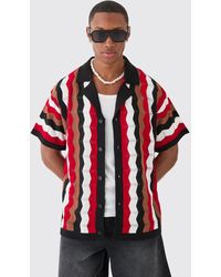 Boohoo - Oversized Boxy Revere Open Knit Stripe Shirt In Red - Lyst