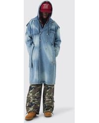 BoohooMAN - Oversized Hooded Denim Trench Coat - Lyst