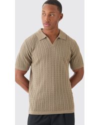 BoohooMAN - Regular Revere Collar Cable Knit Polo - Lyst